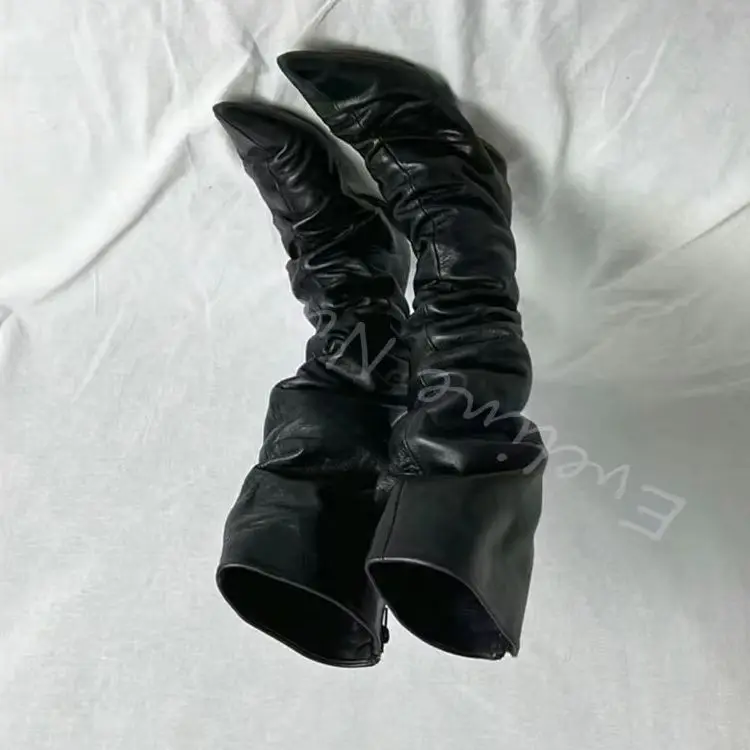 Black Ruched Knee High Boots Women Pointed Toe Low Chunky Heel Soft Leather Tall Boots Retro Autumn Winter Fashion Ladies Shoes