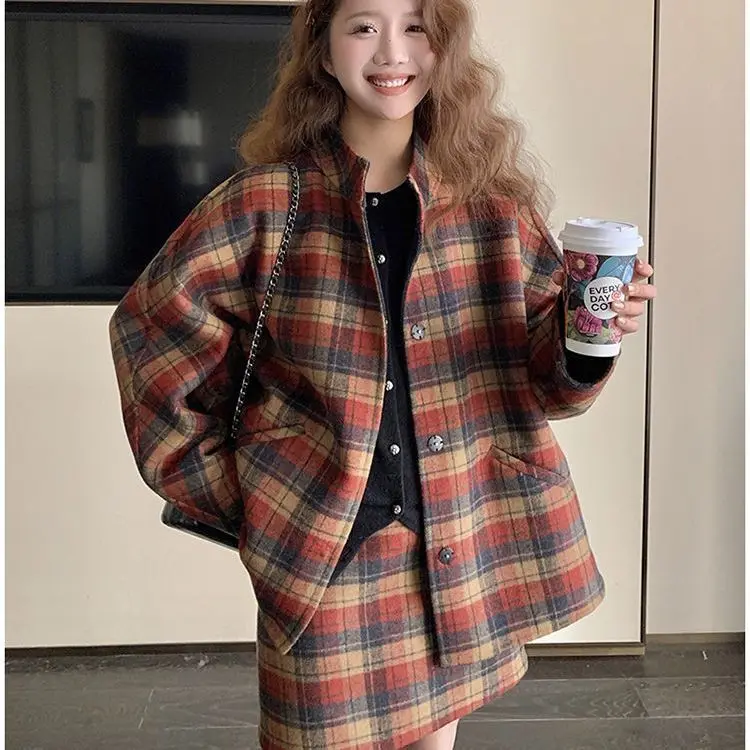 Korean  British  patterned half skirt set for women, 2024 autumn new item slimming jacket top and short skirt two-piece set