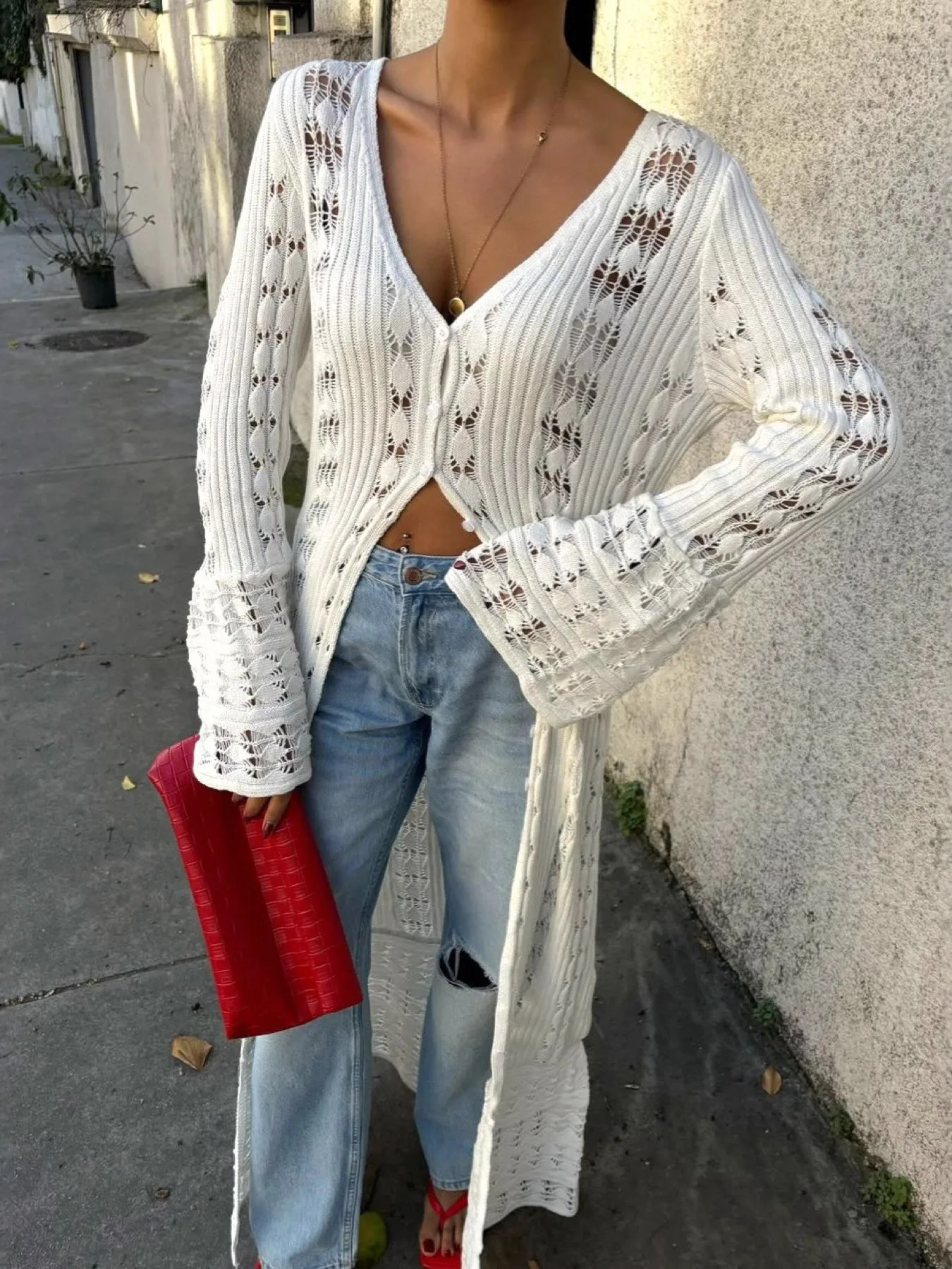 

Matsuita Long Wide Cardigan Women's Loose Open Cardigan Unique Design Hollow out Button Bell Sve Thiened Winter Sweater