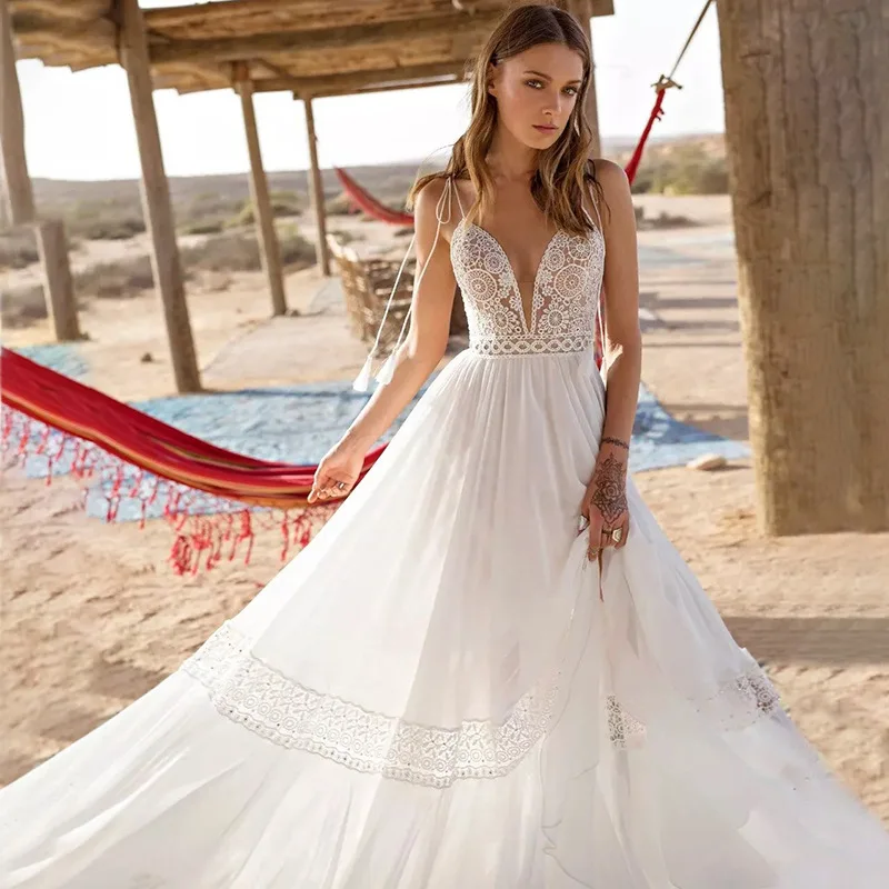 A Line BOHO kobiety suknie ślubne tiulowe paski Spaghetti suknie ślubne formalne Vestido De Noiva robe de mariée