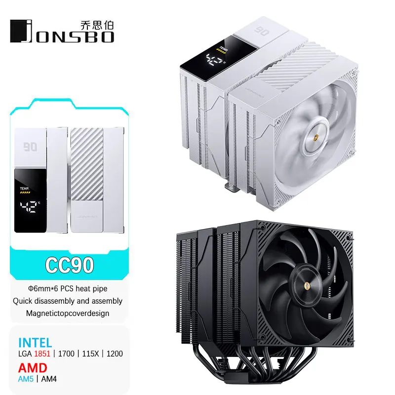 

Кулер для процессора JONSBO CC90 с цифровым дисплеем, двухбашенный, 6 тепловых трубок, контроль температуры, магнитная крышка, 13 см, широкая башня