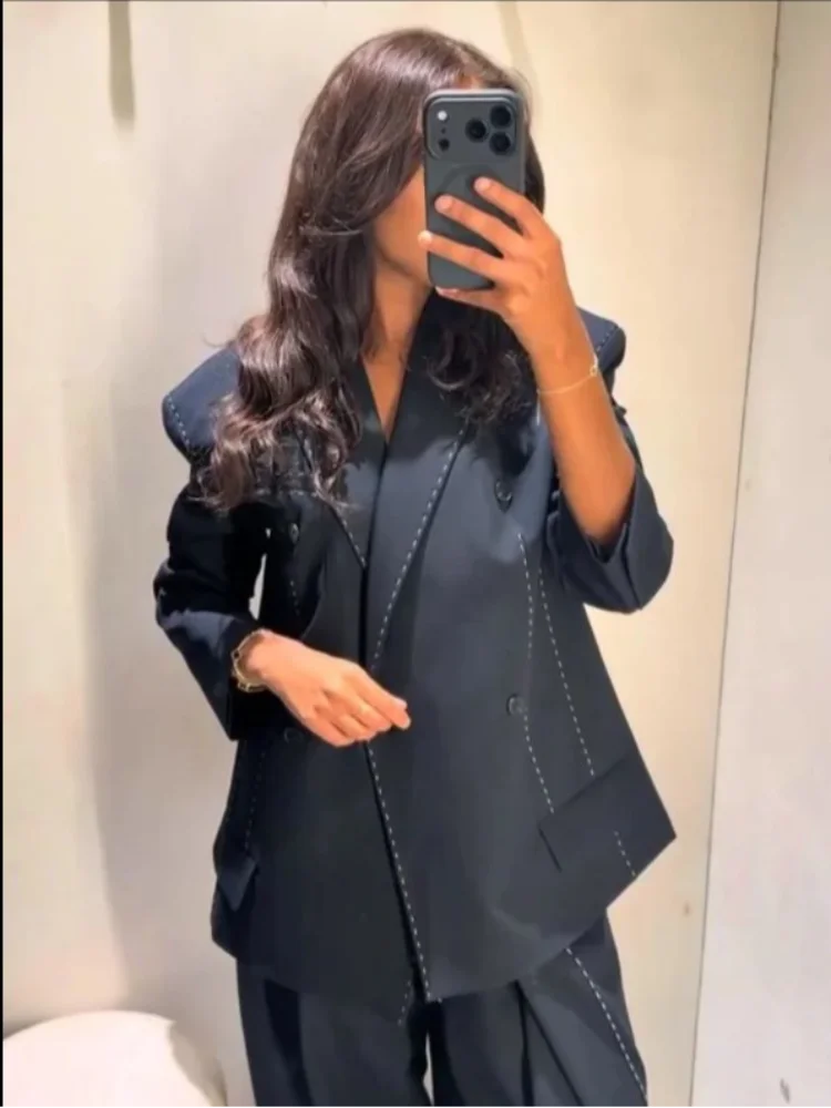 

Elegant Quilted Blazer Pant Suits Women Chic Loose Lapel Double Breasted Jacket Wide Leg Trousers 2025 Autumn Patchwork Set Lady
