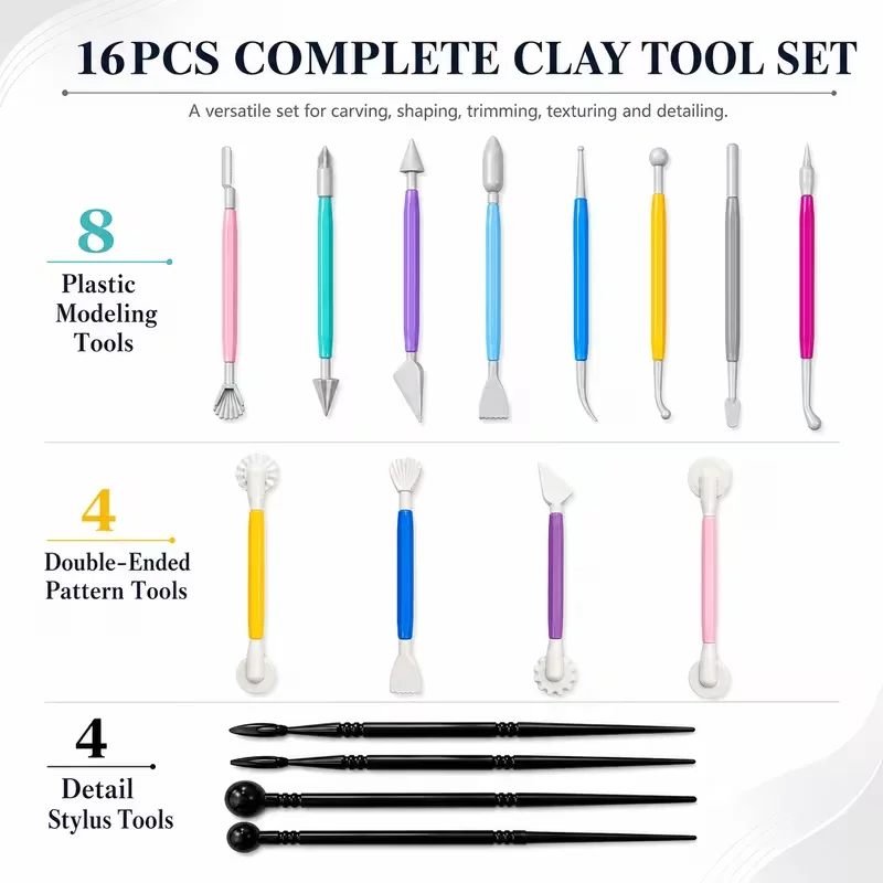 16Pcs Double-Ended Clay Carving Tools Set, Pottery Sculpting Kit for Ceramic Art & DIY Crafts, Beginner Art Supplies