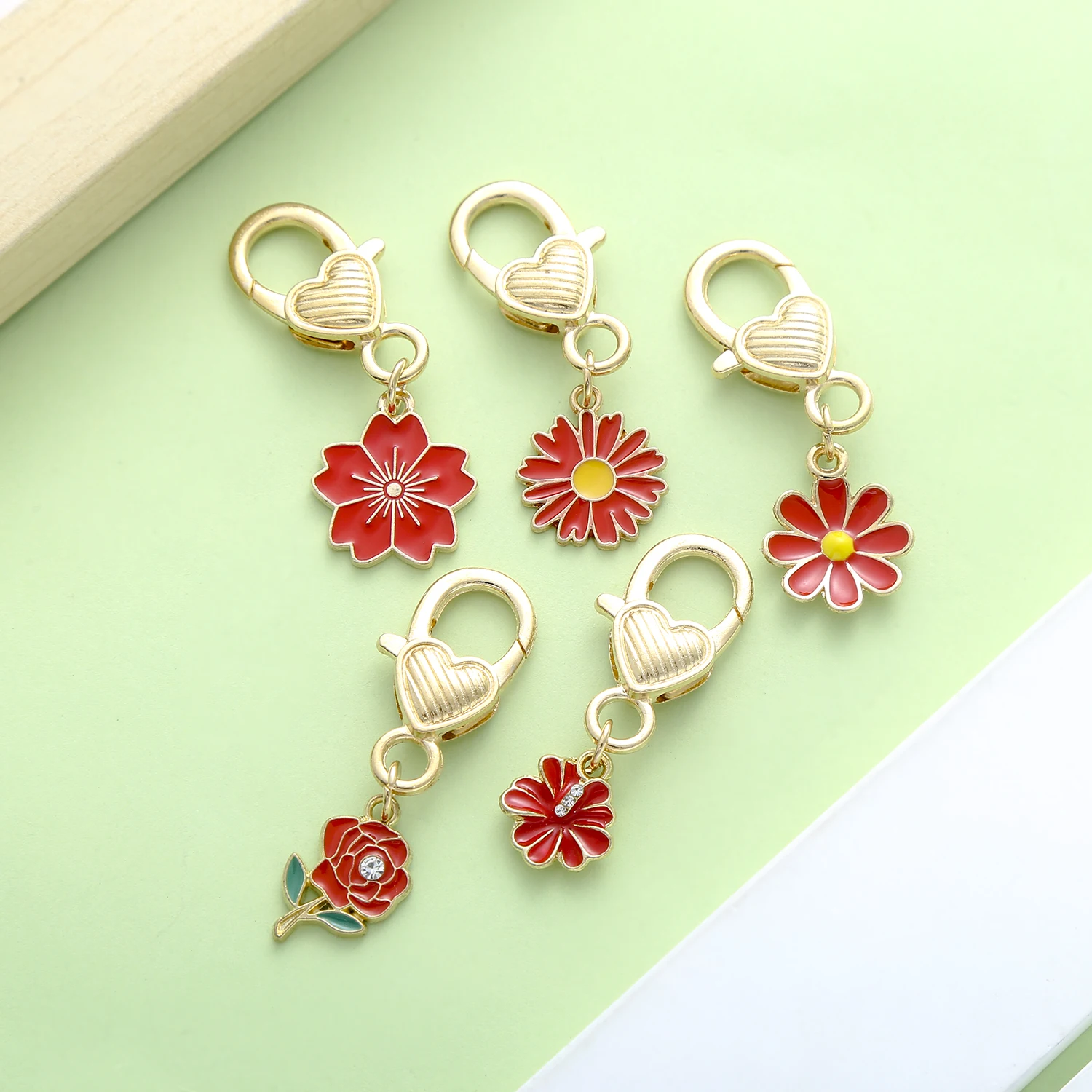 5pcs Enamel Flower Keychains, Alloy Rose Flower, Cherry Blossom, Chrysanthemum Key Ring, For Car Keys, Backpacks, Wallets