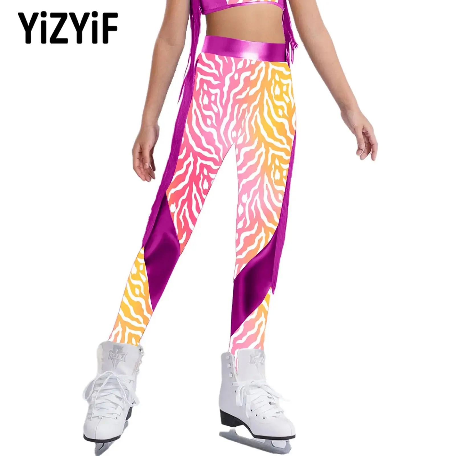 

Fashion Kids Girls Figure Ice Skating Dancewear Zebra-Stripe Metallic Leggings Stretchy Tassel Sports Pants Dance Party Costume