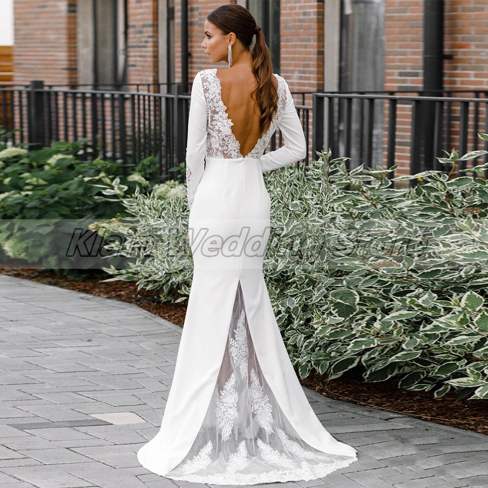 Eenvoudige Burgerlijke Zeemeermin Trouwjurk Voor Vrouw Met Kanten Lange Mouwen Sweep Trein Backless Bruids Appliques Vestido De Novia