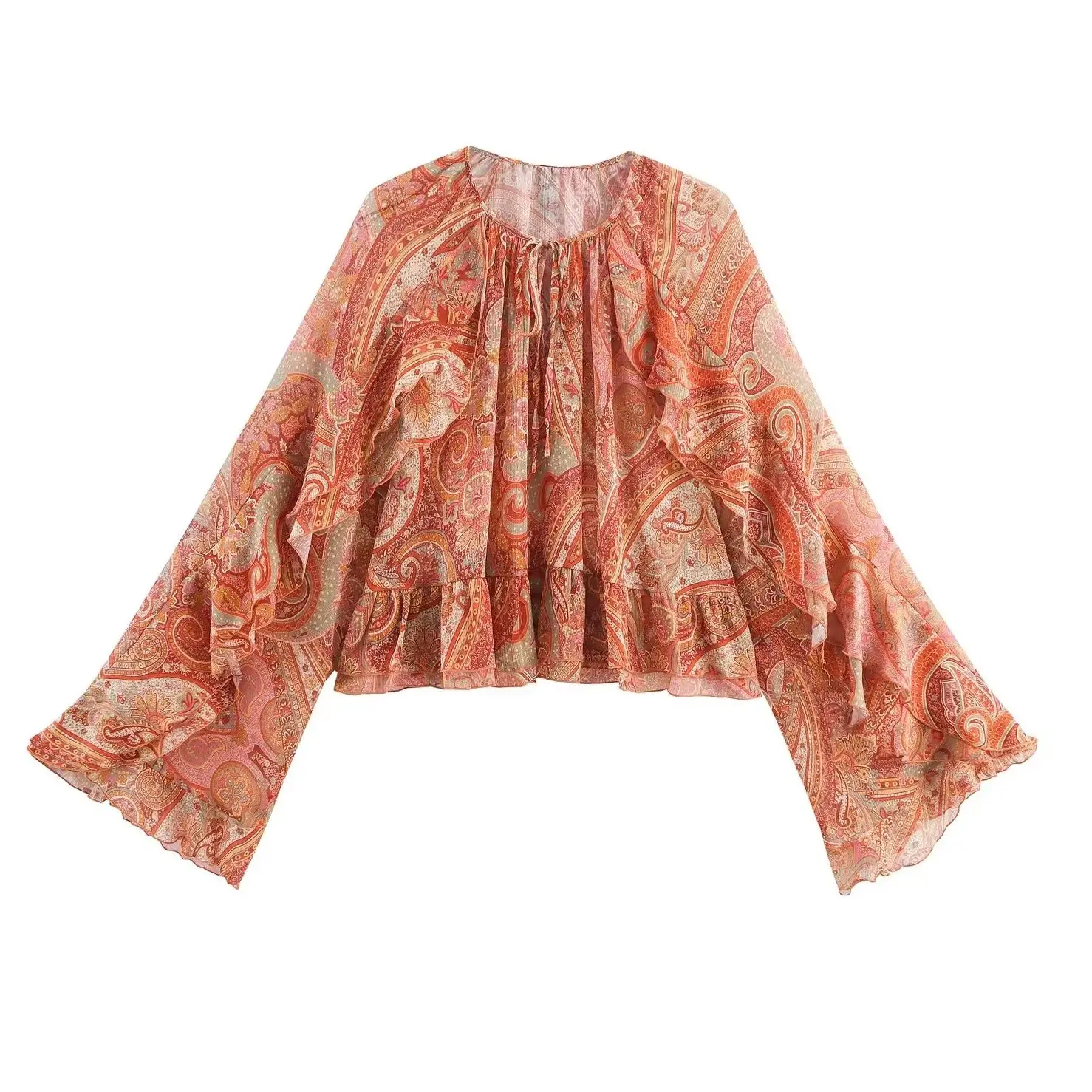

KONDALA Chic Print Holiday Woman Blouse Casual Fashion 2025 Lace-up Tierred V-Neck Loose Flare Sleeve Fall Elegant Flower Shirt