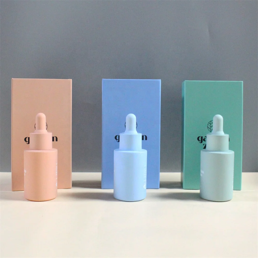 cosmetic 30ml glass dropper bottle packaging luxury essential face serum oil dropper bottle Macaron Flat Shoulder bottle pink