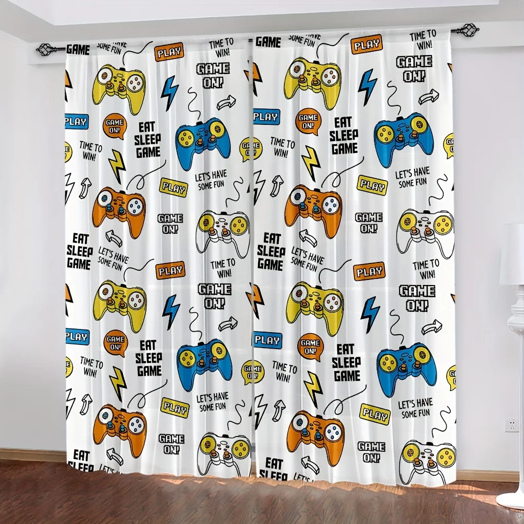 2pcs Game Controller Curtains Eat Sleep Game Print Drape Boys Room Gamer Window Treatment Fun Home Decor Panels