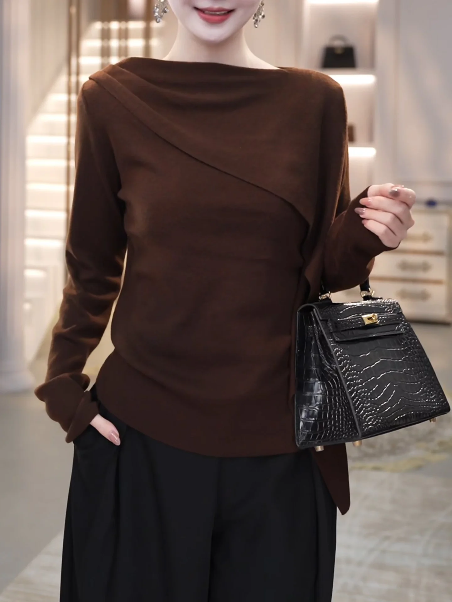 

Fall Winter plus Size Asymmetric Design Long Sve Women's Slim Fit Inner Wear Trendy Coffee Color Top Base irt