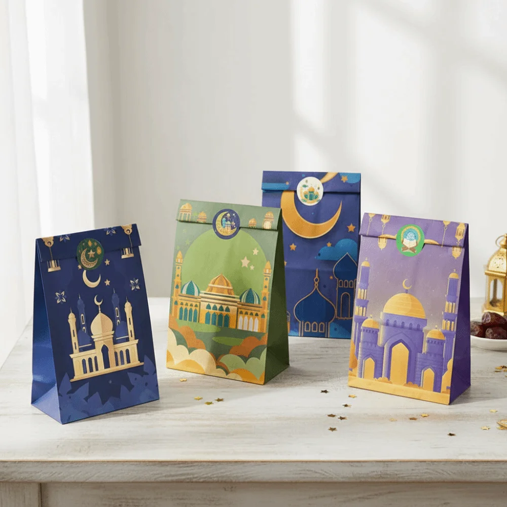 

12Pcs Multicolor Ramadan Gift Bag Mixed Pattern Reusable Eid Mubarak Gift Bag with Stickers Oil-proof Flat Open Bags