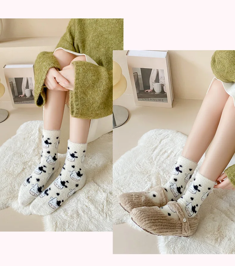 3/6 Paar Winter-Socken für Damen, niedliche Cartoon-Kuh-Socken aus Nerzvelours, weiche, mittelhohe Socken, flauschige, thermische, weiche Dinosaurier-Socken – Detail 15