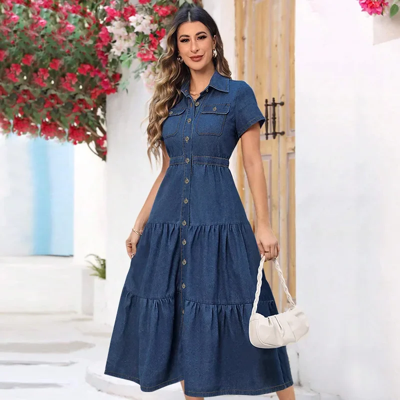 Plus Size Fashion Women's Dress Stylish Lapel Single Breasted Design Casual Short Sleeve Midi Party Denim Dress 2024