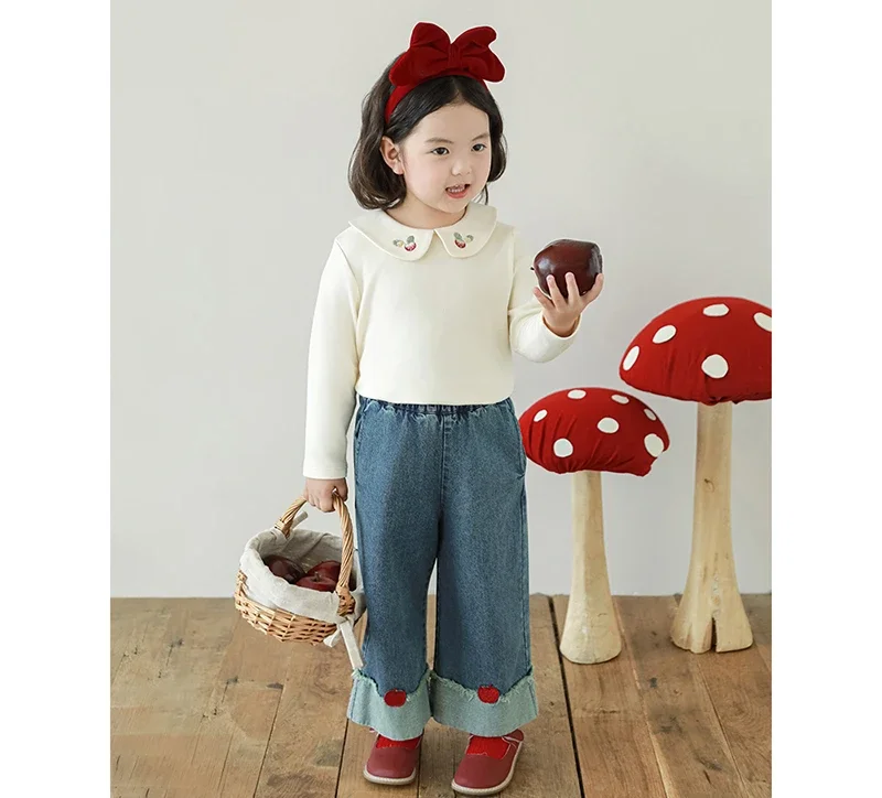 

2025 Spring Girl's Strawberry Embroidered Fashion Korean Doll Flip Collar Bottom Shirt Casual T-shirt