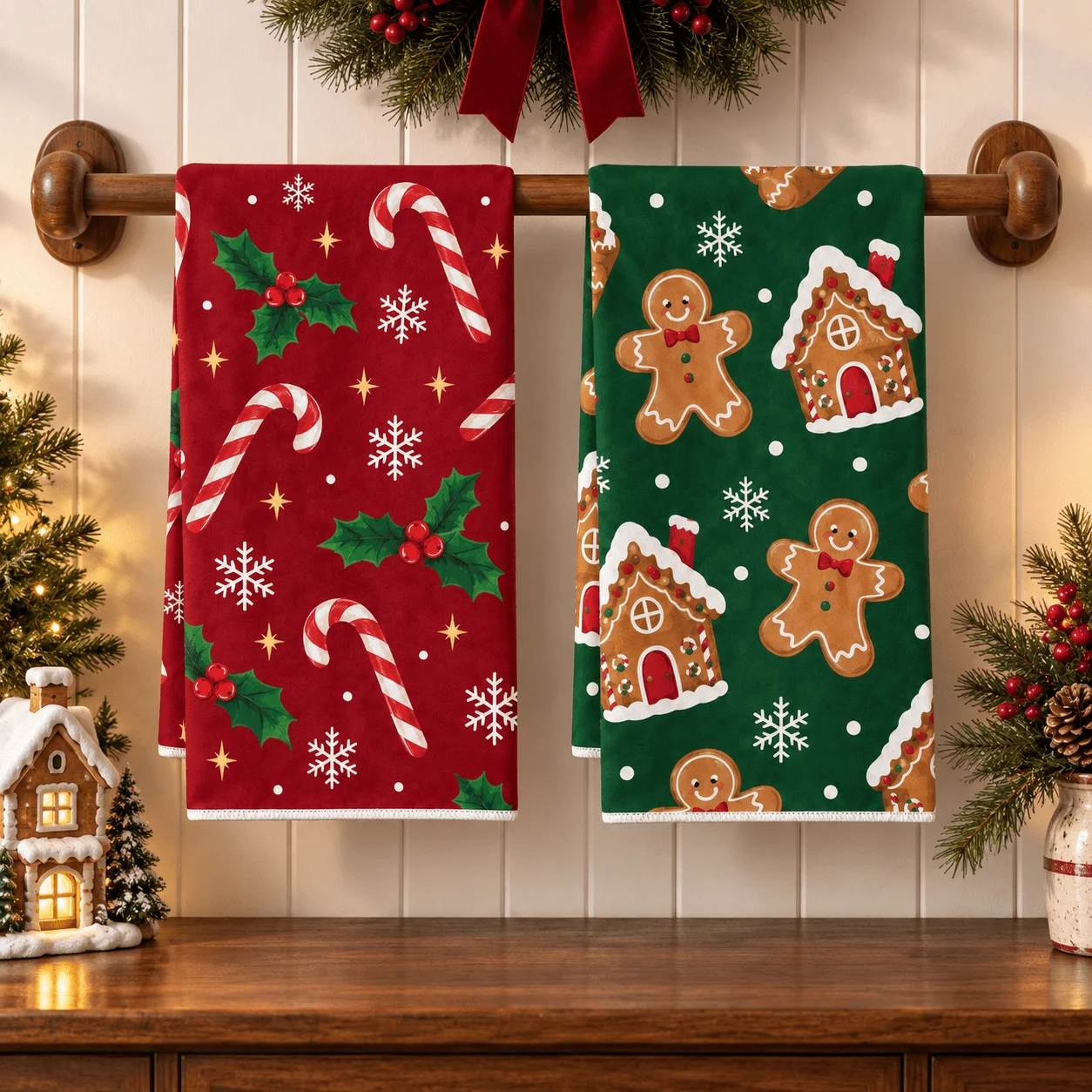 2Pcs, Christmas Kitchen Towel Set with Gingerbread Man, Gingerbread House, and Candy Cane Patterns, Holiday Decorative Towels