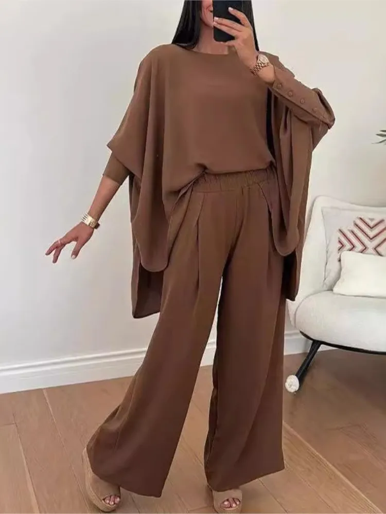 Elegant Women 2Pcs Solid Color Round Neck And Bat Sleeve Loose Blouses Tops Casual Wide Leg Trousers Suit Office Two Piece Sets