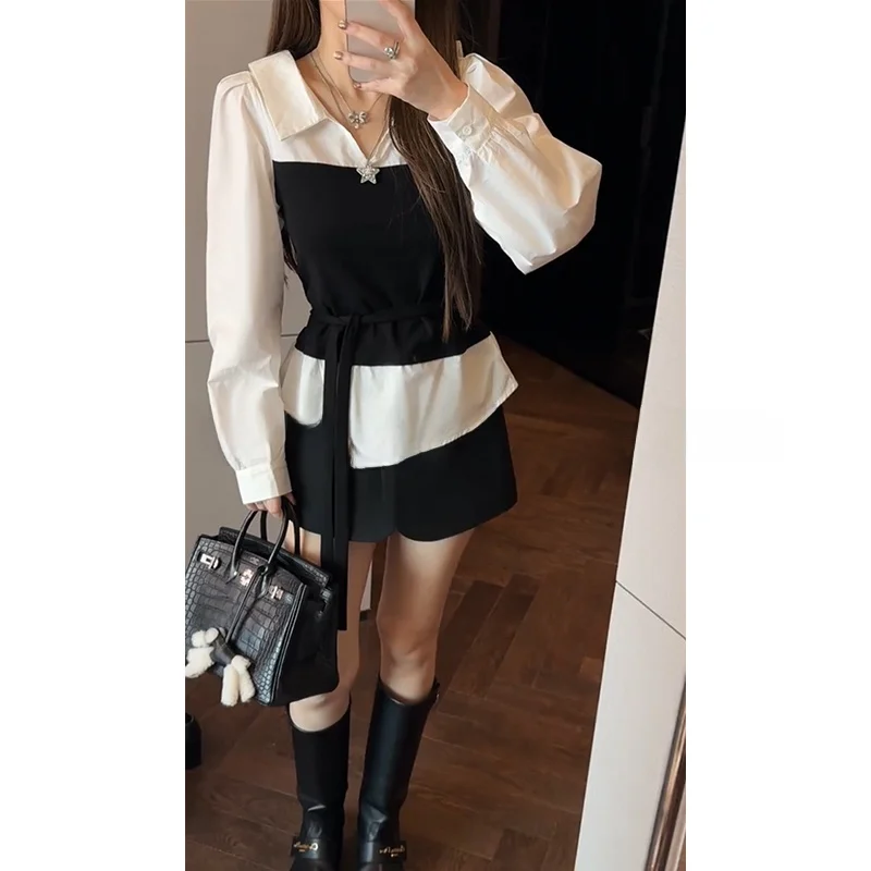 

Женская ретро-рубашка Mimius в корейском стиле с цветовыми блоками, приталенная, из хлопка, с длинным рукавом, модная, осенняя новинка