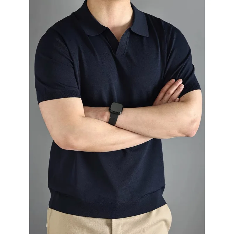 High-End Knitted Short-Sleeve Men's Italian-Style Seagull Commuter Polo Shirt Business Gentleman Turn-Down Collar Cool Solid