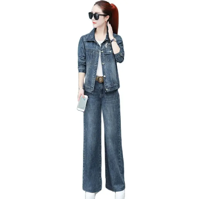 Denim Suit Female Two Piece Set  New Autumn Women Jeans Set Ladies Professional  2 Piece Set Women's Cowboy Pants Suit 4XL