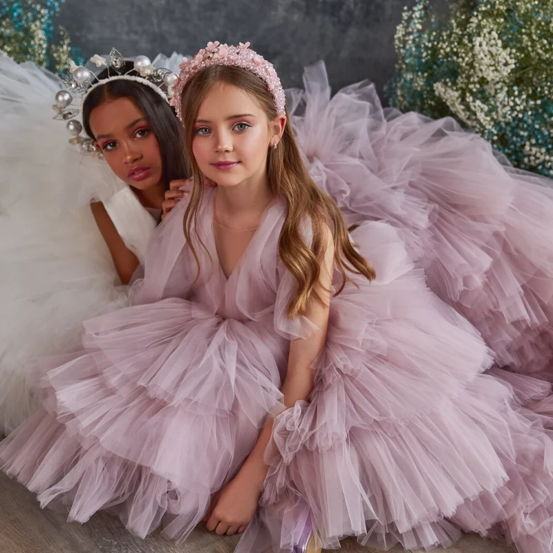 Vestidos de tul escalonados sin mangas para niña, vestidos de princesa para boda, fiesta de cumpleaños, banquete, color blanco y rosa polvoriento