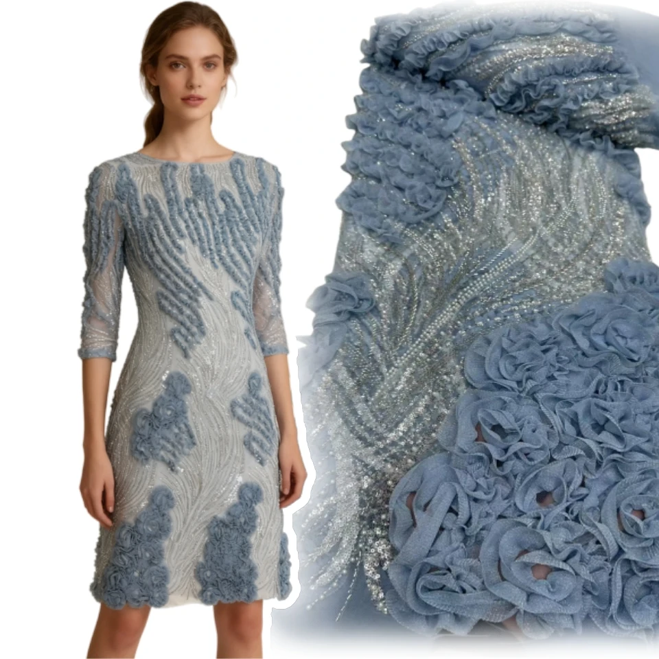 

Новейшая африканская 3D вышивка бисером кружевная ткань 2025 французская сетчатая кружевная ткань с блестками нигерийское тюлевое кружево для праздничного платья AH1804