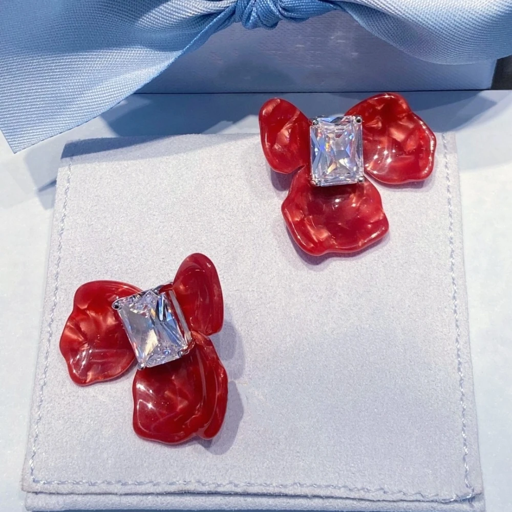 Red Iris Square Sugar Earrings Can Be Detachable Two Kinds Of Wearing Beautiful Exquisite Urban Beauty High-Quality Gifts