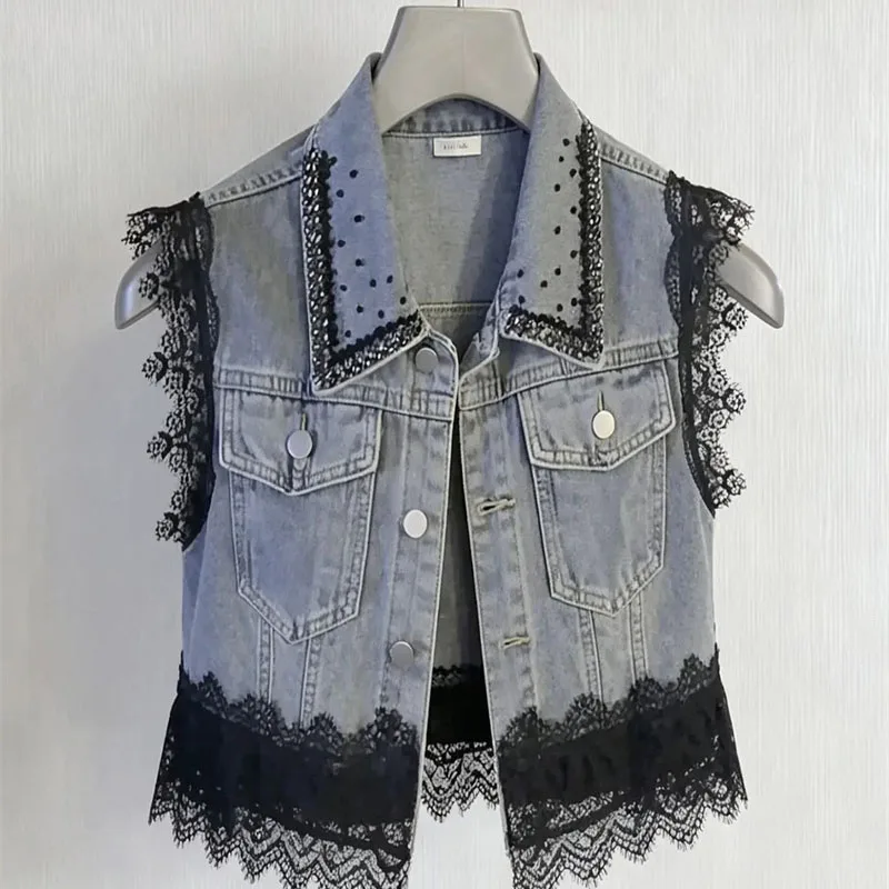 2026 New Trendy Heavy Industry Lace Splicing Cowboy Vest Women's Summer Loose Stacked Sleeveless Tank Denim Jacket Top Coat