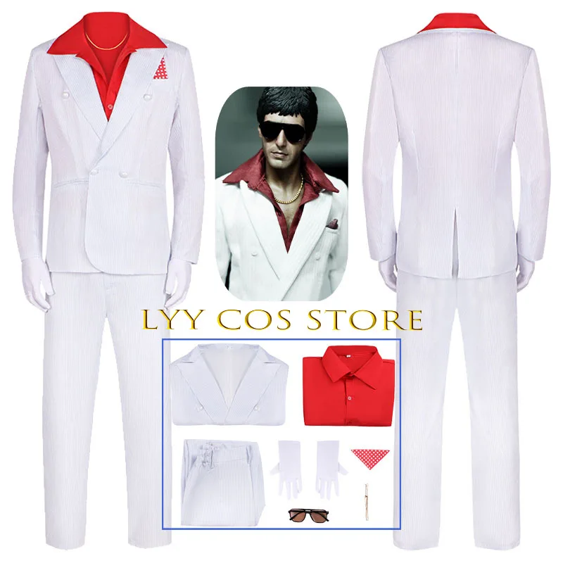 

Anime Scarface Cosplay Tony Montana Costume Man White Uniform Outfits Suit Halloween Party Role Play Clothing