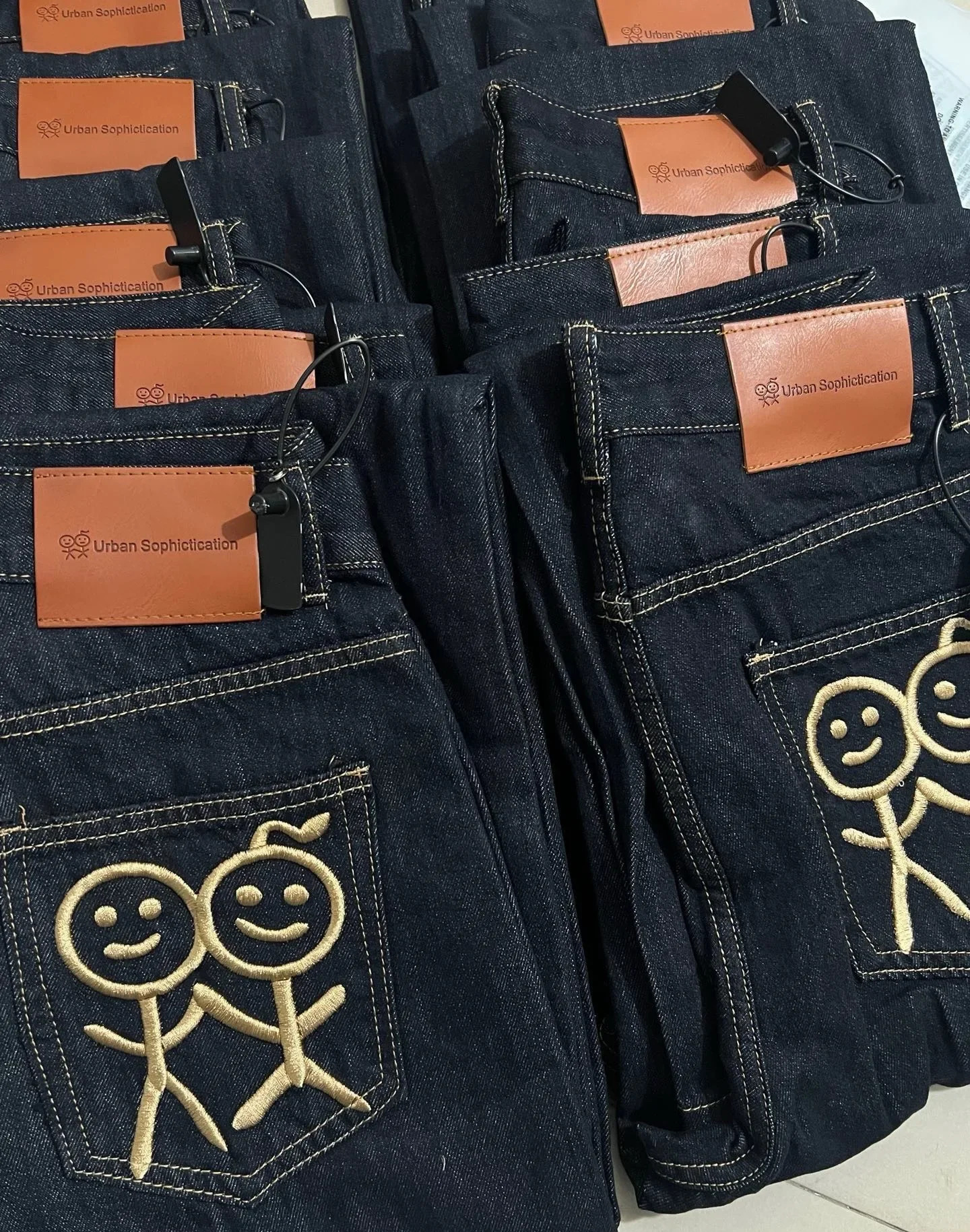 Women's Y2K High Waist Cartoon Stick Figure Embroidery Jeans Loose Straight Leg Denim Pants Dark Blue Vintage Casual Trousers