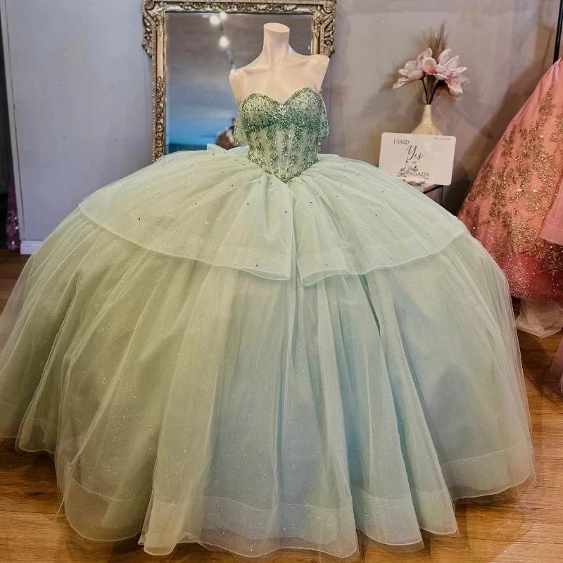 

Sparkly Light Green Princess Quinceanera Dresses Off Shoulder Beads Crystal Bow Tull Corset vestido de 15 quinceañera Sweet 16