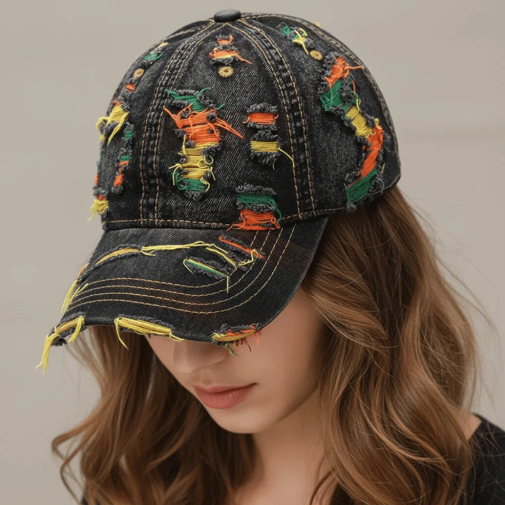 Retro Denim Baseball Cap Colorful Lines Adjustable Tear Style Hole Hat Visor Baseball Hats For Man Women Outdoor Streetwear