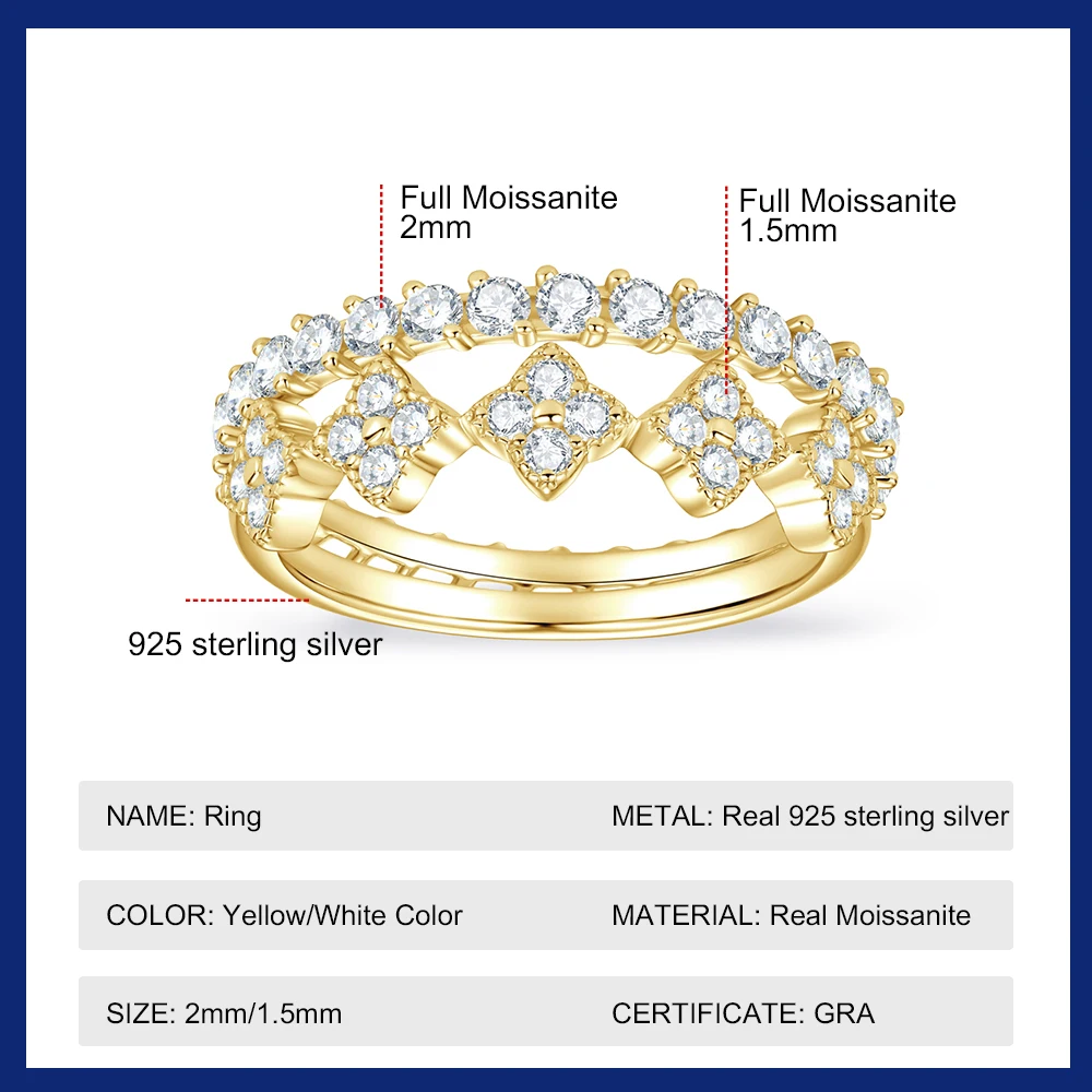 2PCS Four Leaf Clover Moissanite Ring Set 925 Sterling Silver D Color VVS1 Stackable Wedding Band Sparkling Jewelry for Women