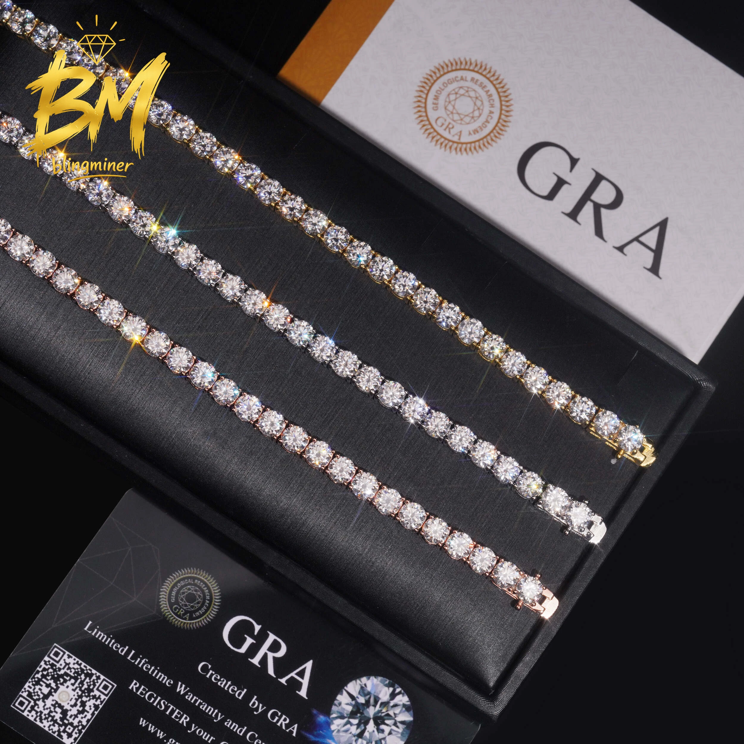 Blingminer 5mm Brass VVS Moissanite Tennis Chain Iced Out Necklaces For Men Pass Diamonds Tester GRA Free Shipping