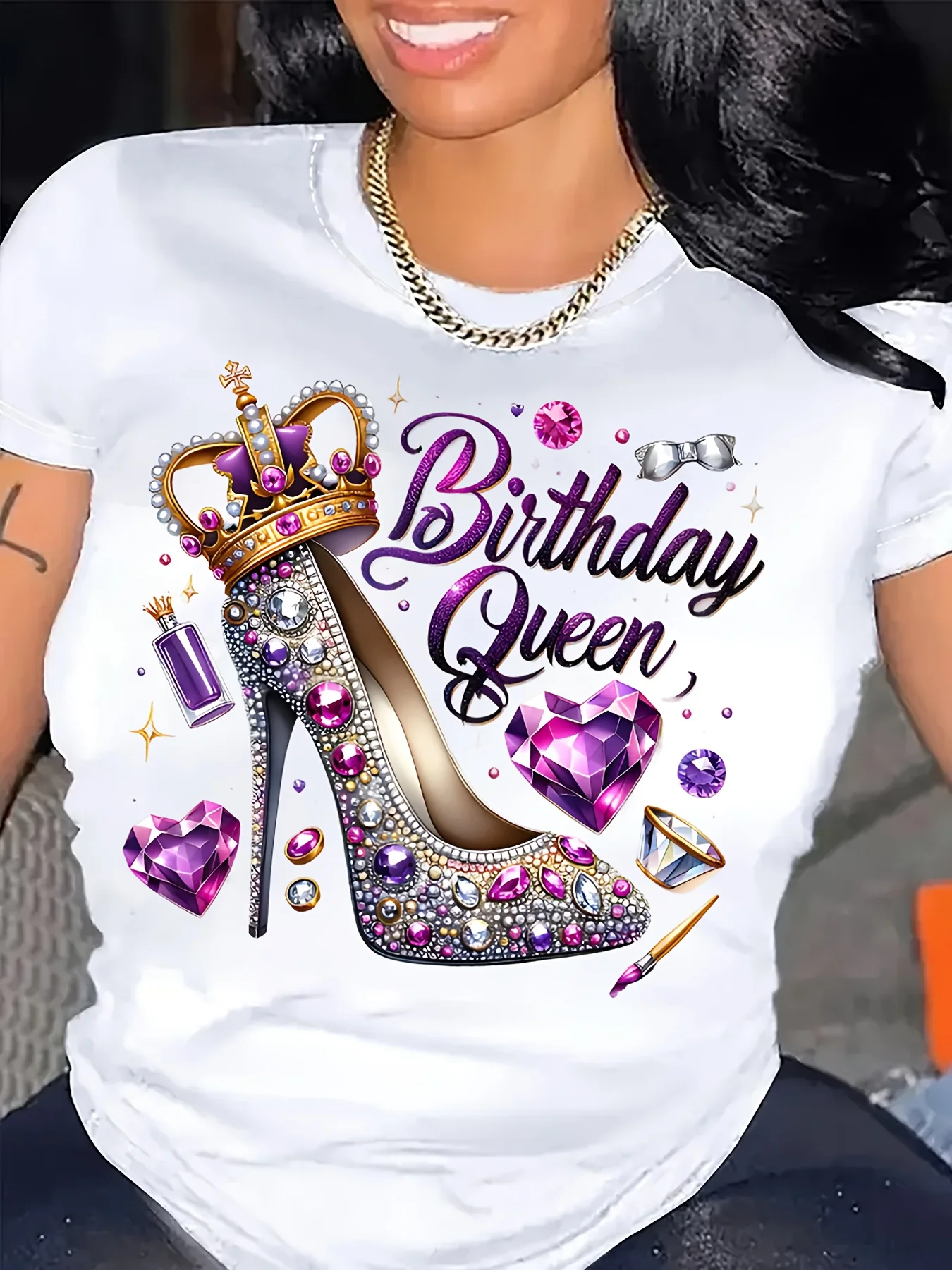 

Plus - Size White Round Neck T - Shirt with 'Birthday Queen' Glamorous - themed Print: Regal and Celebratory
