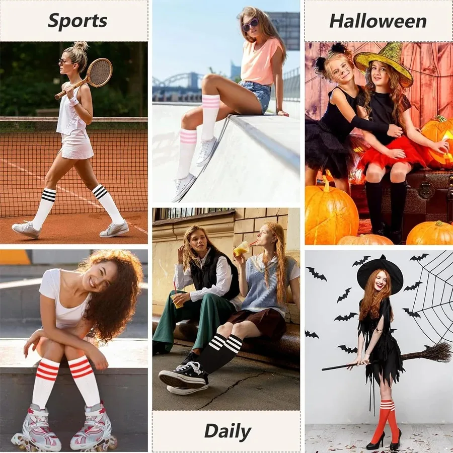 Women's Striped Knee High Socks, Classic 3 White Stripe Socks Casual Sporty Crew Socks for School Uniform Soccer Daily Wear view 6
