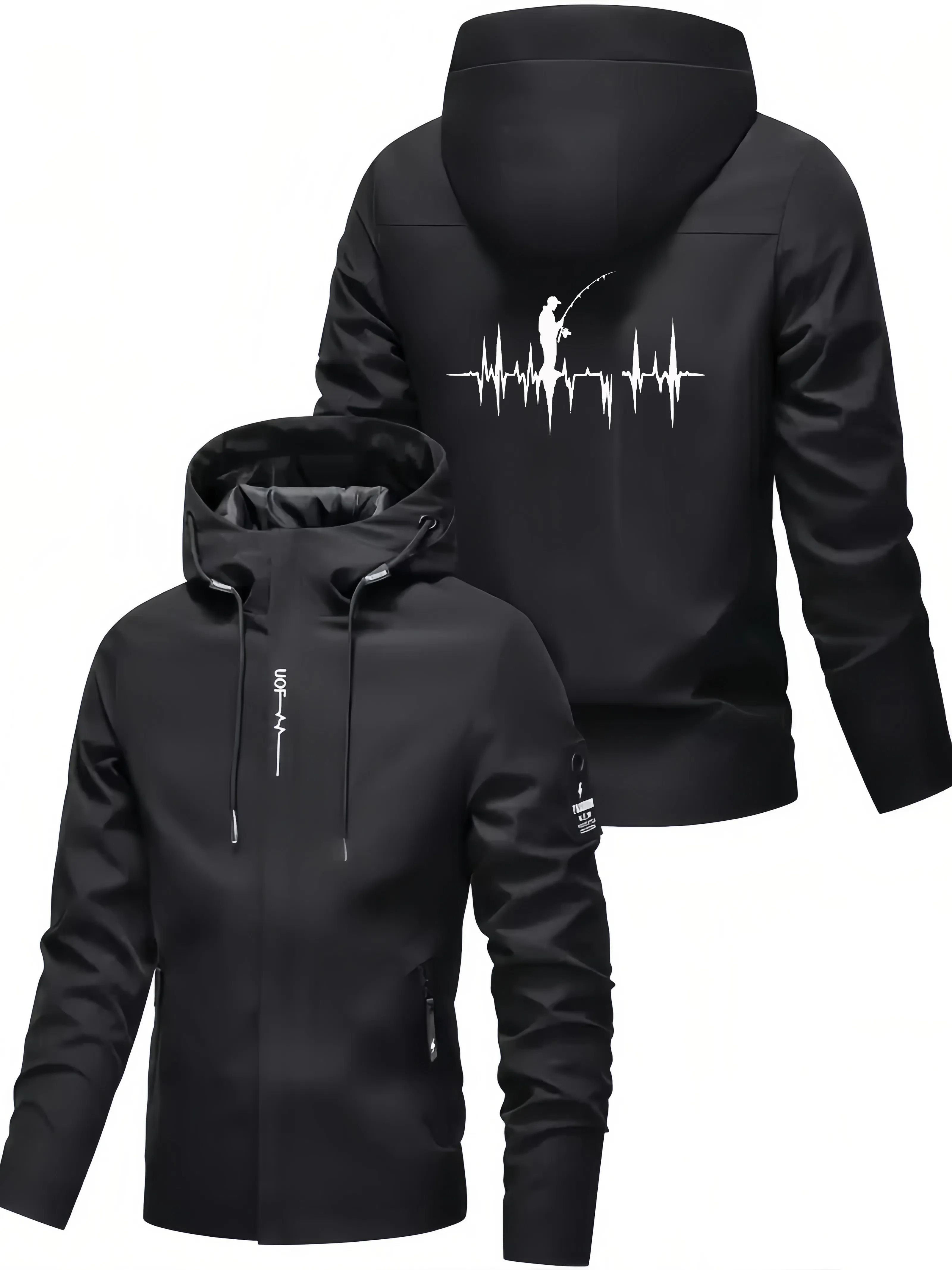Men's Fishing Heartbeat Print Jacket Spring Autumn Hooded Outerwear Trendy Casual Menswear