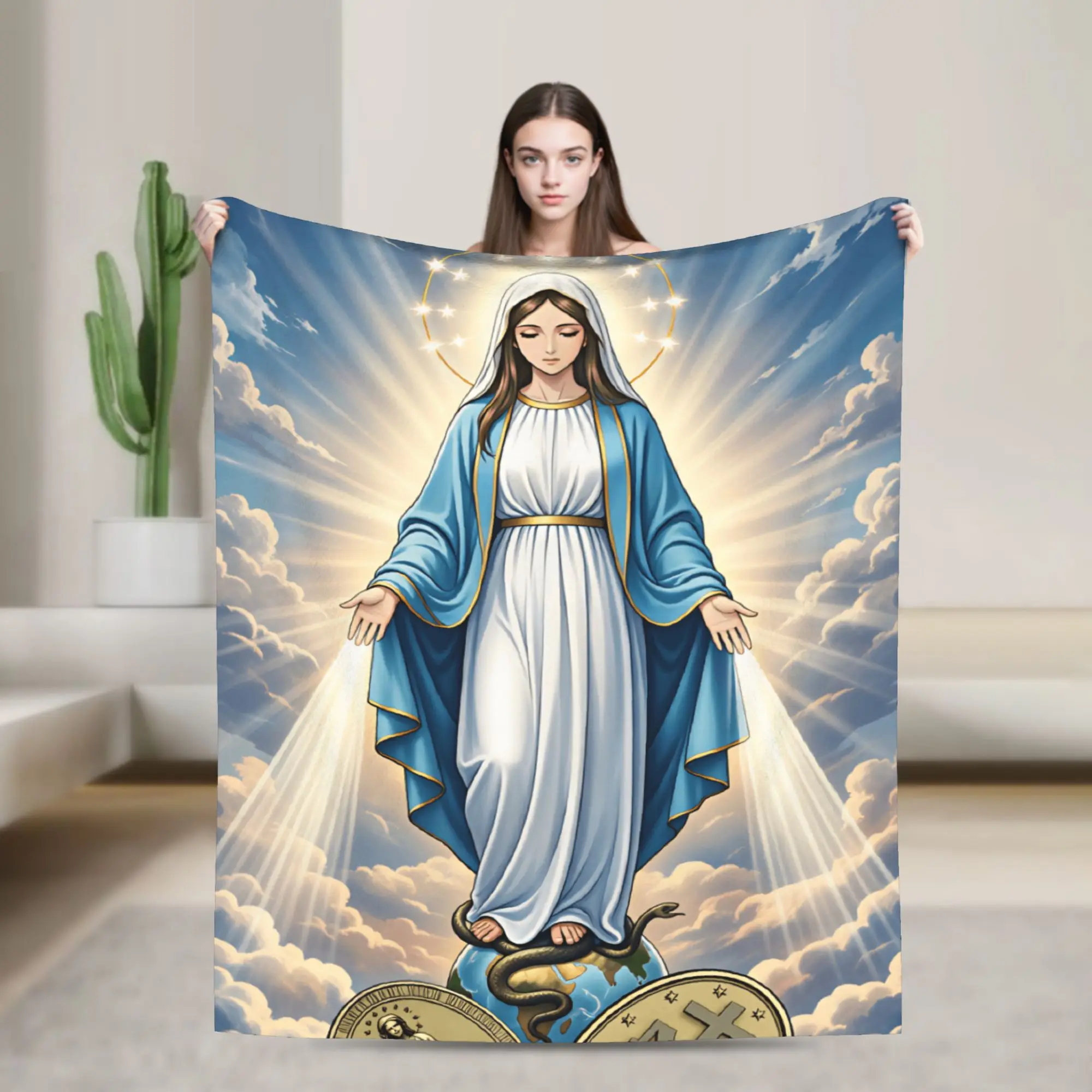 Manta con diseño de la Virgen María en estilo anime, con la medalla milagrosa, sobre un globo terráqueo. Manta acogedora para la cama, ideal para el invierno, para adultos, para el sofá, para viajar o como cubrecama.