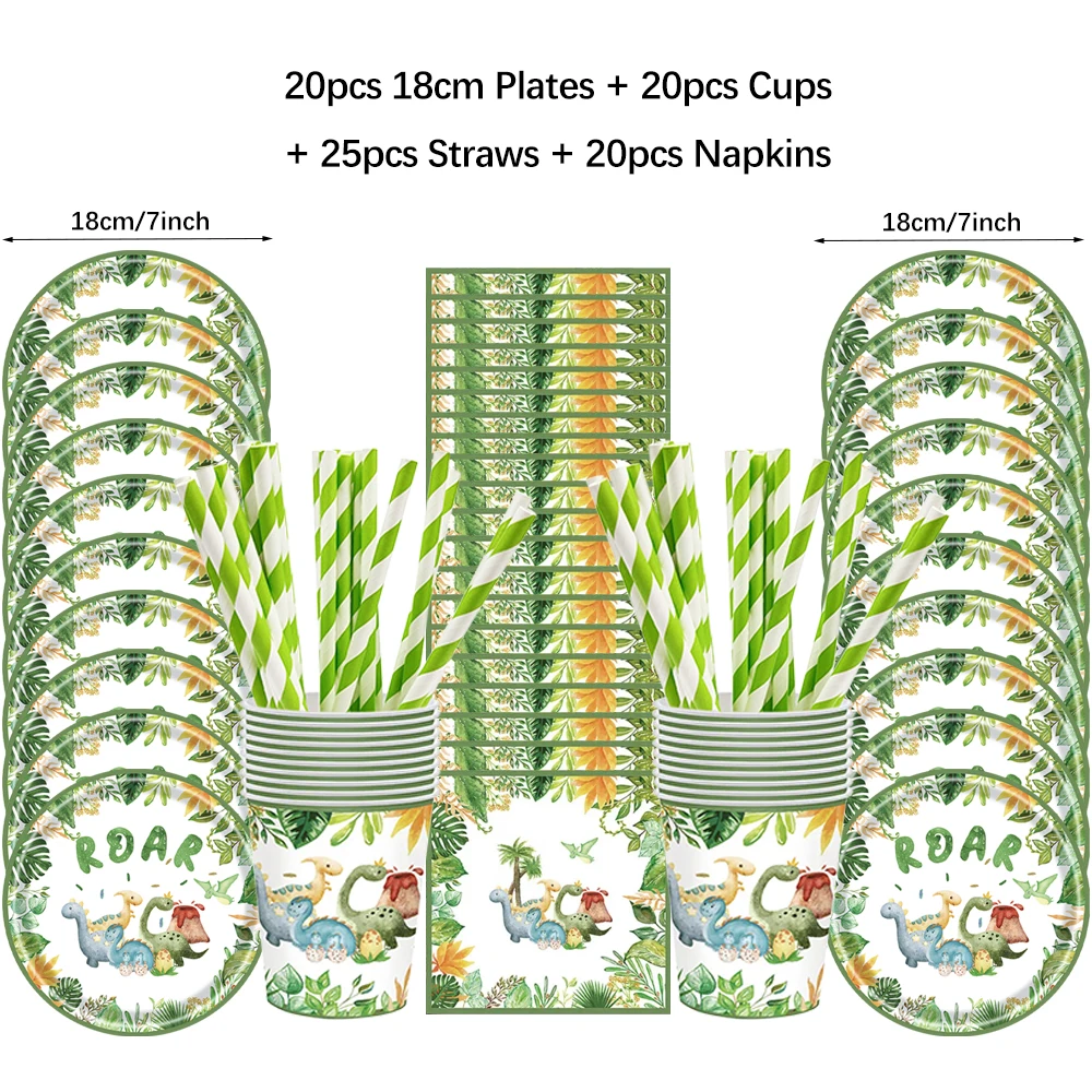 Cartoon Dinosaur Birthday Disposable Tableware Paper Plates Cups Napkin Tablecloth Dinosaur Roar Theme Birthday Party Decoration 2