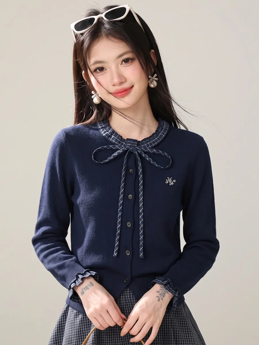 Retro Dark Blue Lace Collar Knitted Open Cardigan Women's Autumn Fashion  Knot Belt Slim Long Sleeve Sweater Coat