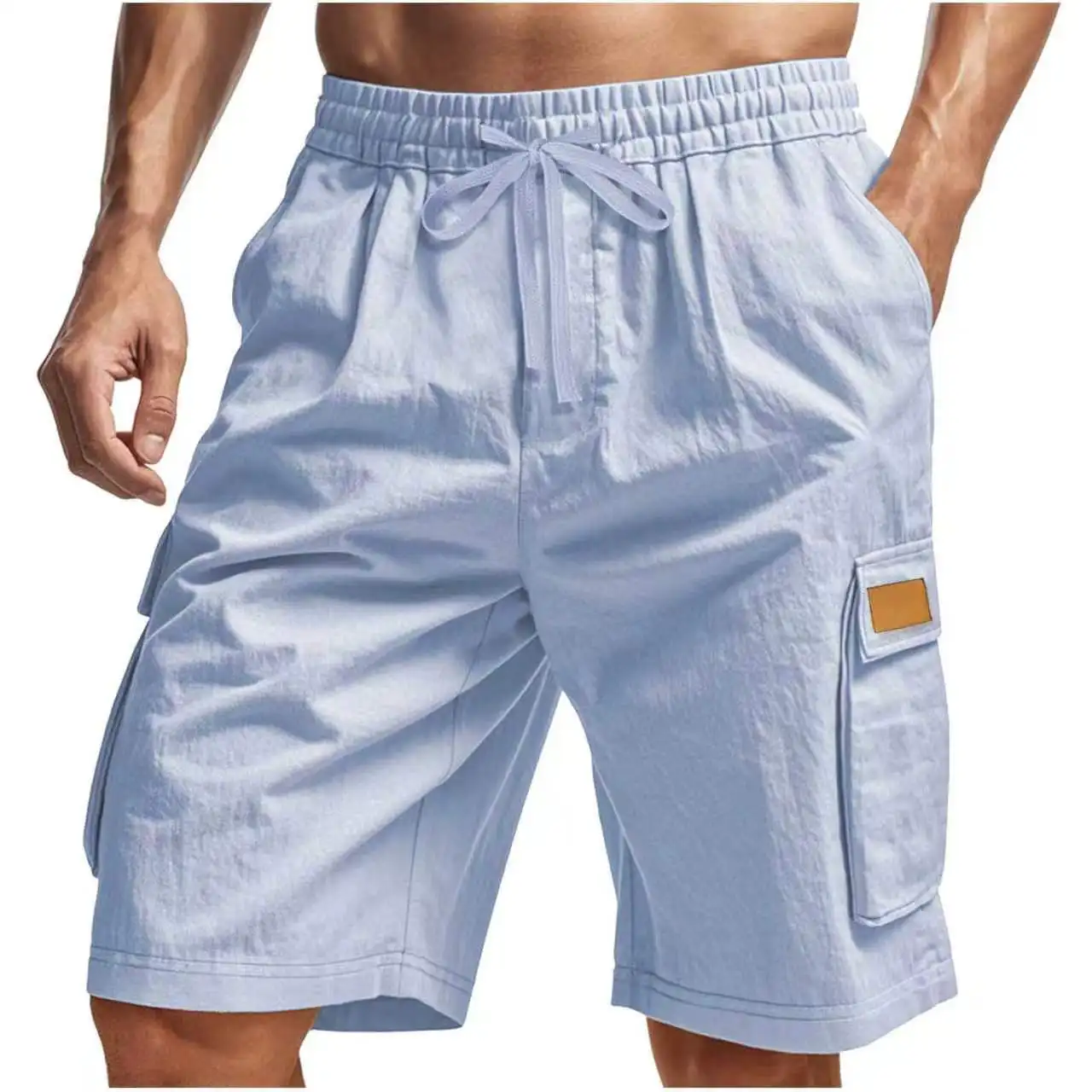 Summer thin multi pocket pure cotton workwear shorts men's oversized loose straight leg five point casual over knee beach shorts