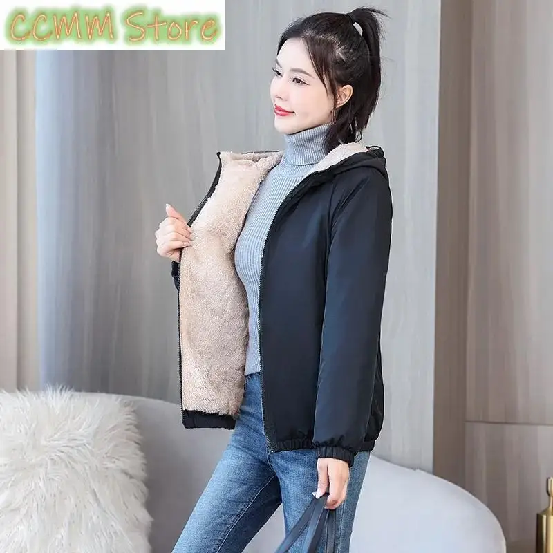 Add Velvet Padded Coat Women Winter Hooded Outerwear Ladies Warm Cotton-Padded Jacket New Fashion Overcoat Short Female Top