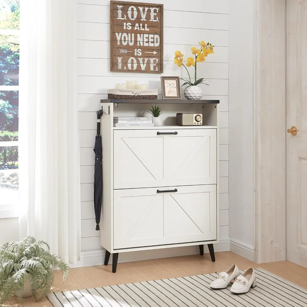 

Farmhouse Shoe Organizer with 2 Flip Drawers & Barn Door Design,Freestanding Hidden Slim Narrow Shoe Rack Cabinet