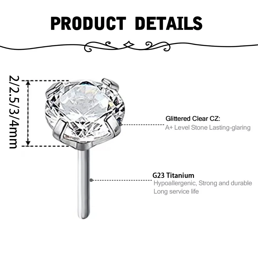 10PC ASTM F136 Titanium Threadless Push Pin zircon Labret Stud Earring Nose stud Piercing Body Jewelry accessories Body Piercing