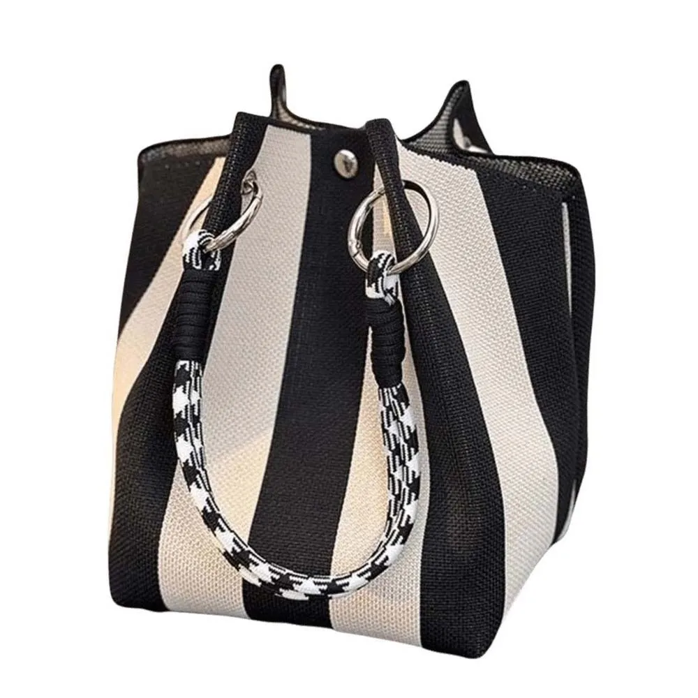 Sweet Women Knitted Handbag Large Capacity Japanese Style Stripe Small Bag Korean Style Contrast Color Handheld Commuting Pouch