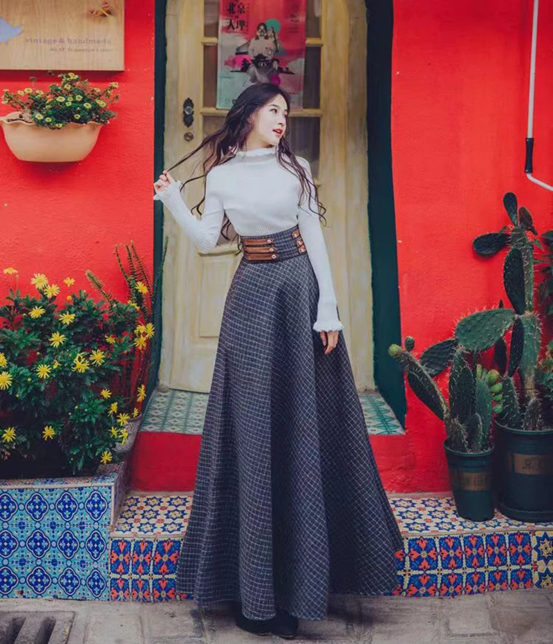 Moda Vintage High Waisted Button Design Back Lace-Up Corset Skirt Women Autumn Faldas Thick A-Line Long Maxi Wool Skirts Jupe