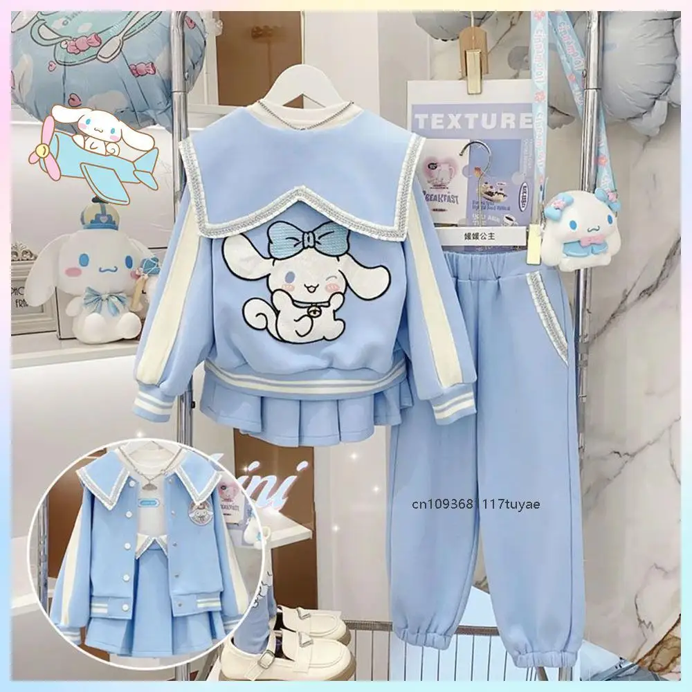 

Комплект Cinnamoroll для девочек, синее пальто, плиссированная юбка, брюки, аниме Sanrios Kawaii, кукольный воротник принцессы, студенческий стиль, корейская детская одежда