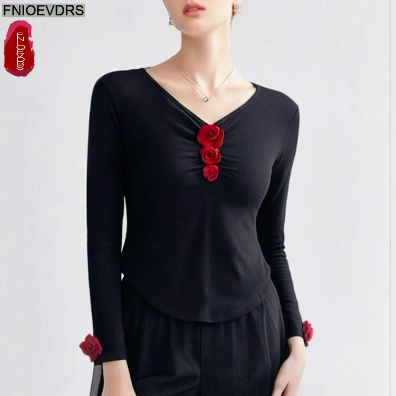 

Хлопковые топы, футболки, новогодние модные женские футболки с длинным рукавом и v-образным вырезом, облегающие черные ретро винтажные хлопковые футболки с розами