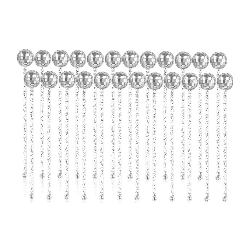 

AS60-24 Pcs Disco Balls Cocktail Stirrers Plastic Round Top Swizzle Sticks Cake Mirror Ball Coffee Beverage Stirrers