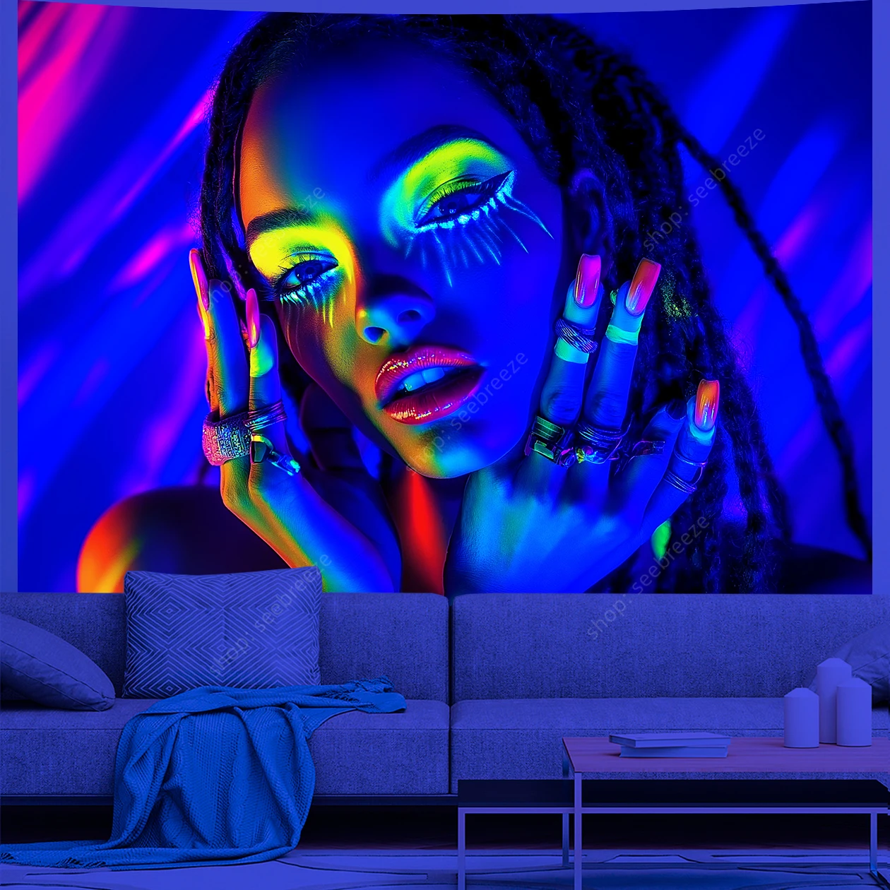 Abstract Dreadlock Girl UV Reactive Tapestry Vibrant Multicolor Wall Art Modern Home Decor for Living Room Bedroom Urban Lofts