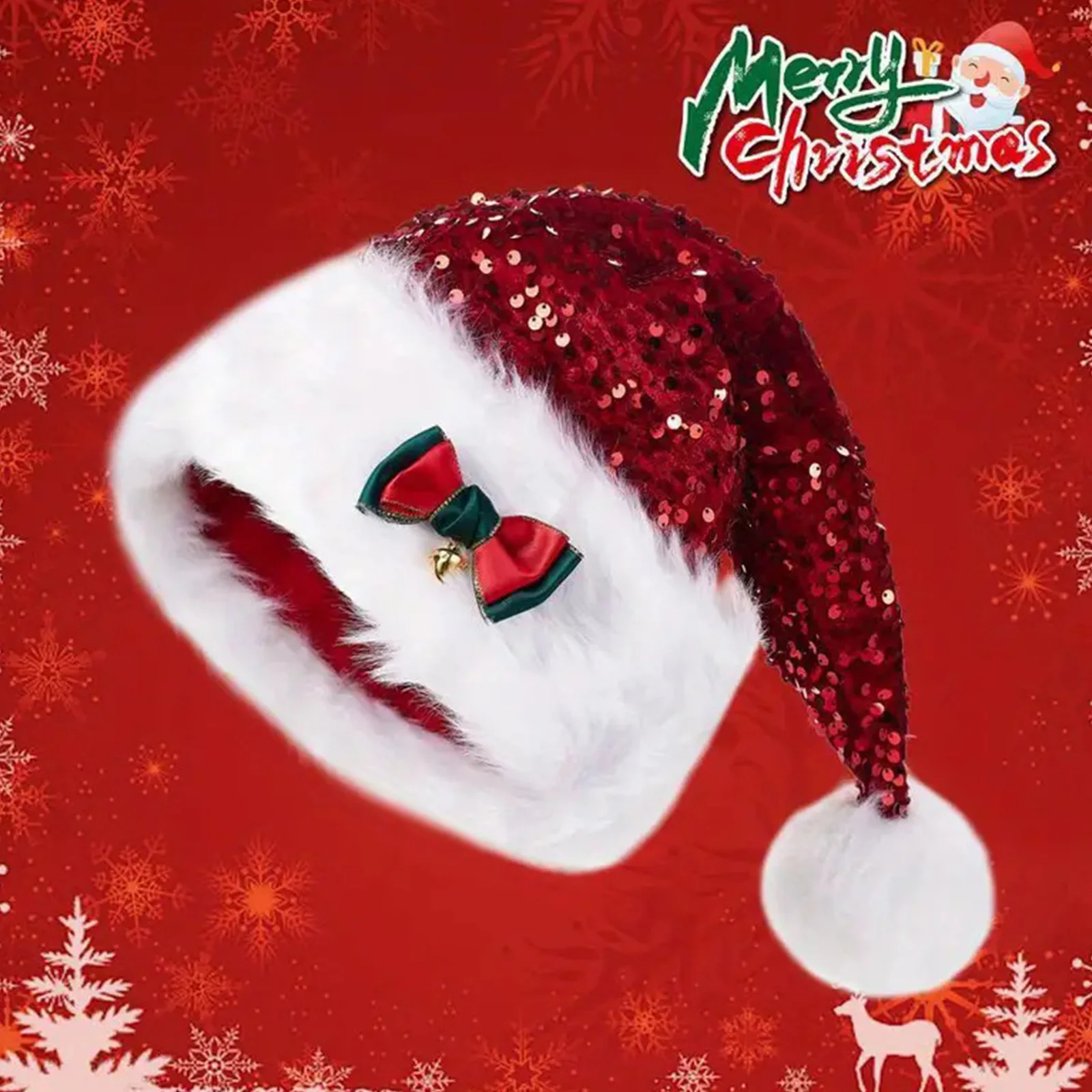 Damskie Męskie Świąteczne Czapki z Cekinami Czapka Świętego Mikołaja Dzwonek Kokarda Pompon Czapka Imprezowa na Nowy Rok